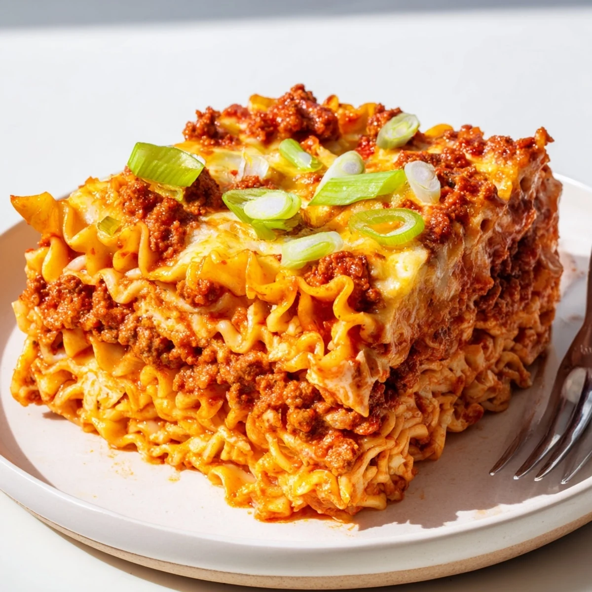 Layers of spicy ramen lasagna topped with bubbly cheese and vibrant green onions.  