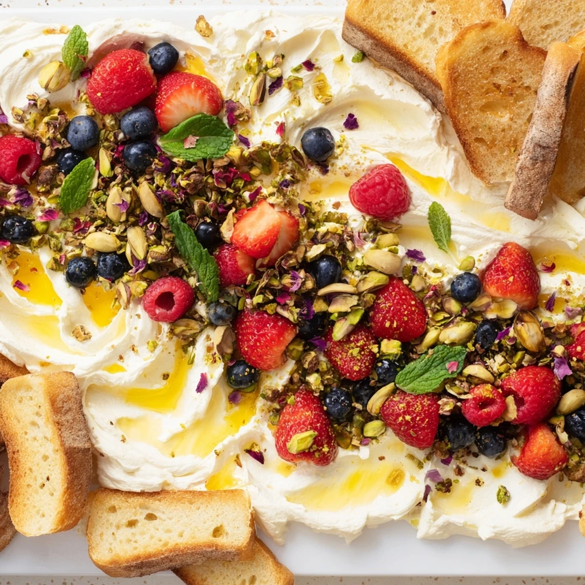 Whipped cream cheese butter board dessert topped with fresh berries and nuts.  