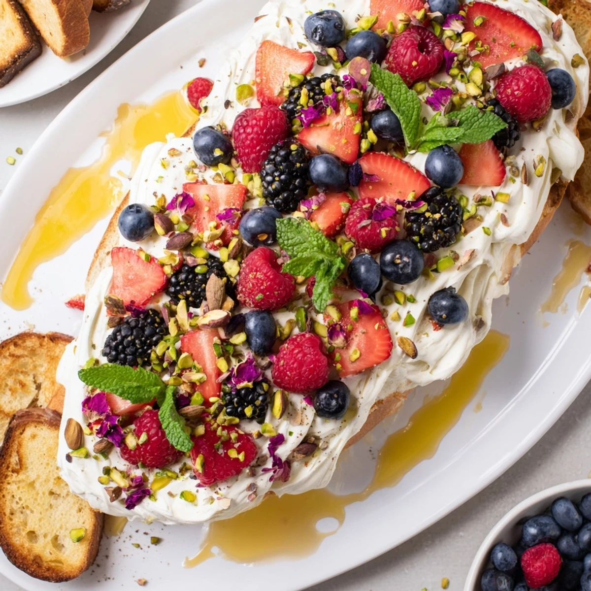 Vibrant butter board dessert featuring creamy cheese, berries, and a honey drizzle.