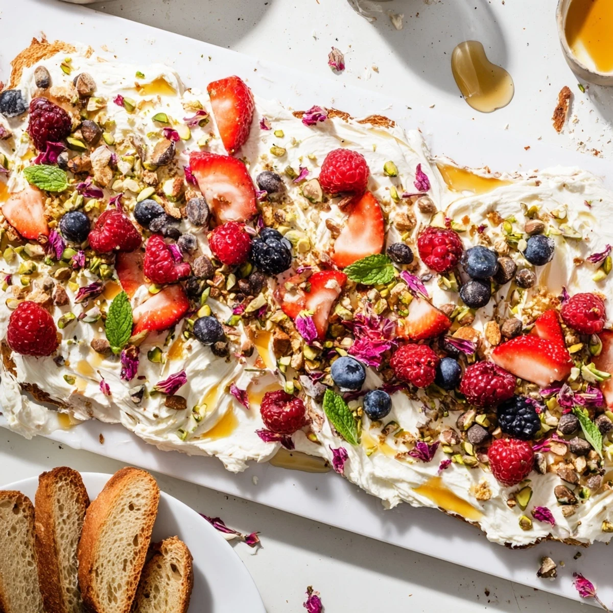 Decadent butter board dessert spread on toasted baguette, garnished with mint.  