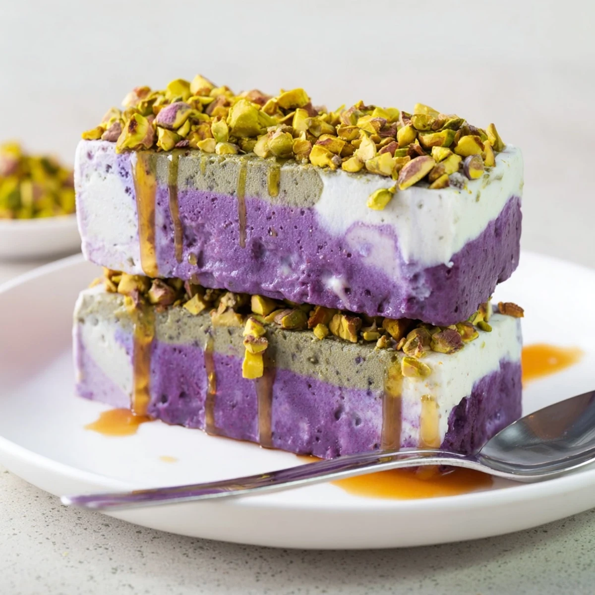 Creamy ube and pistachio ice cream bars topped with chopped nuts and drizzle.  