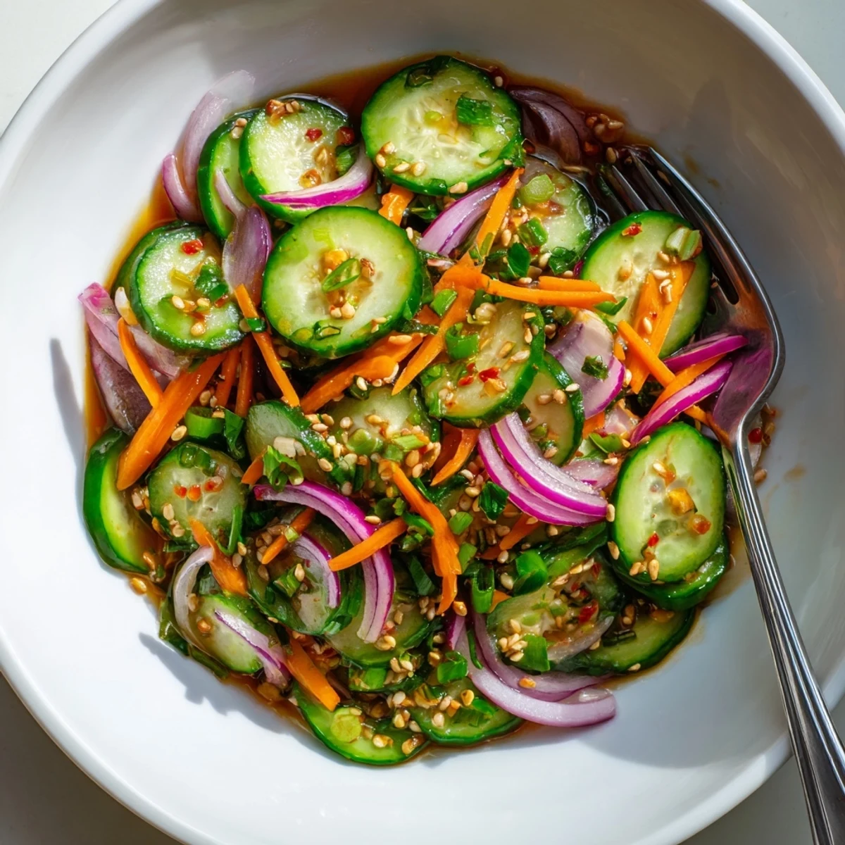 Crisp cucumber salad remix bursting with flavors, perfect as a light appetizer.