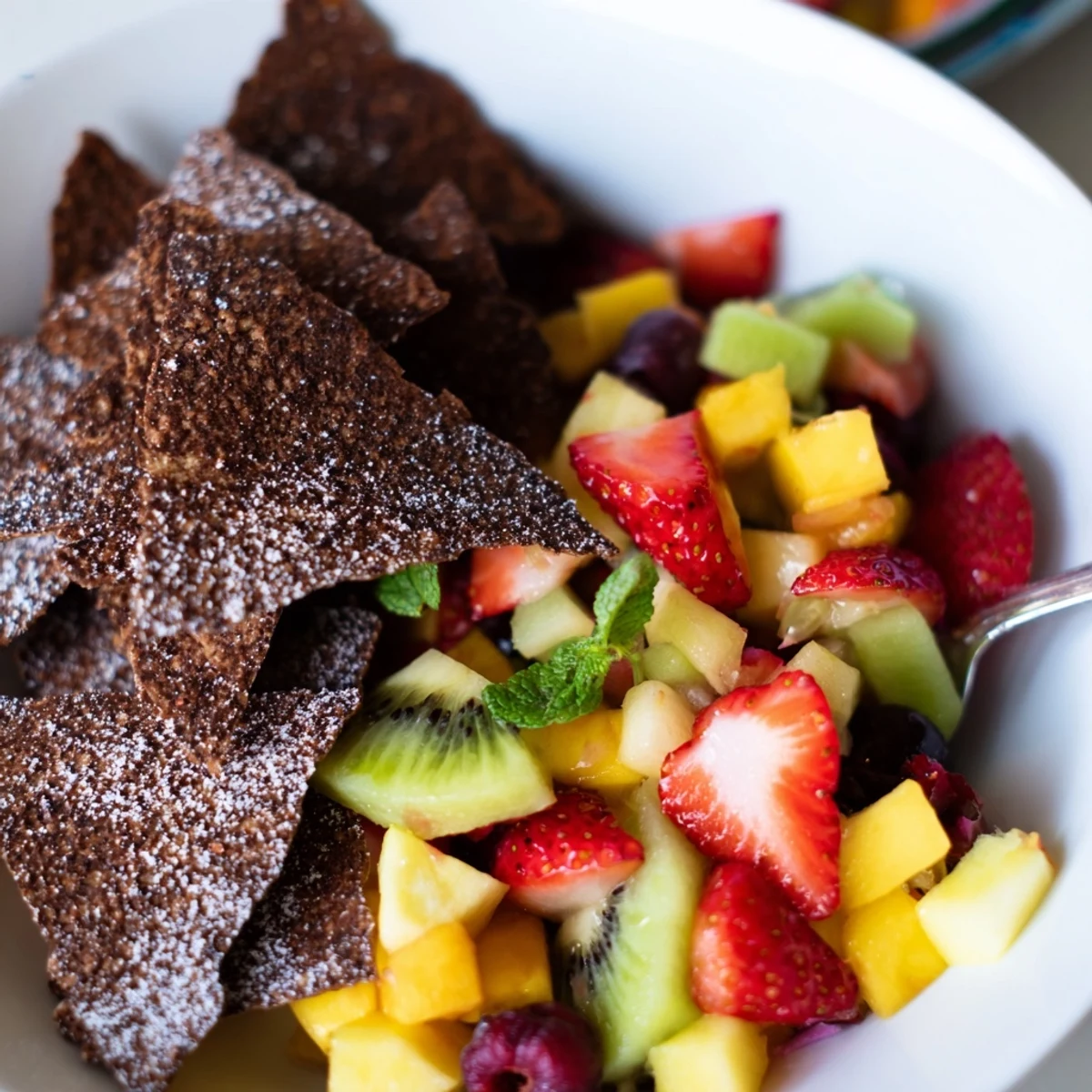 Delicious Dessert Chips & Salsa featuring crispy chocolate chips and vibrant fruit medley.  