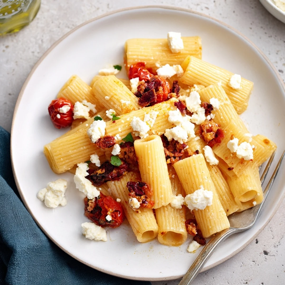 Creamy Baked Feta Pasta topped with caramelized onions and vibrant cherry tomatoes.  
