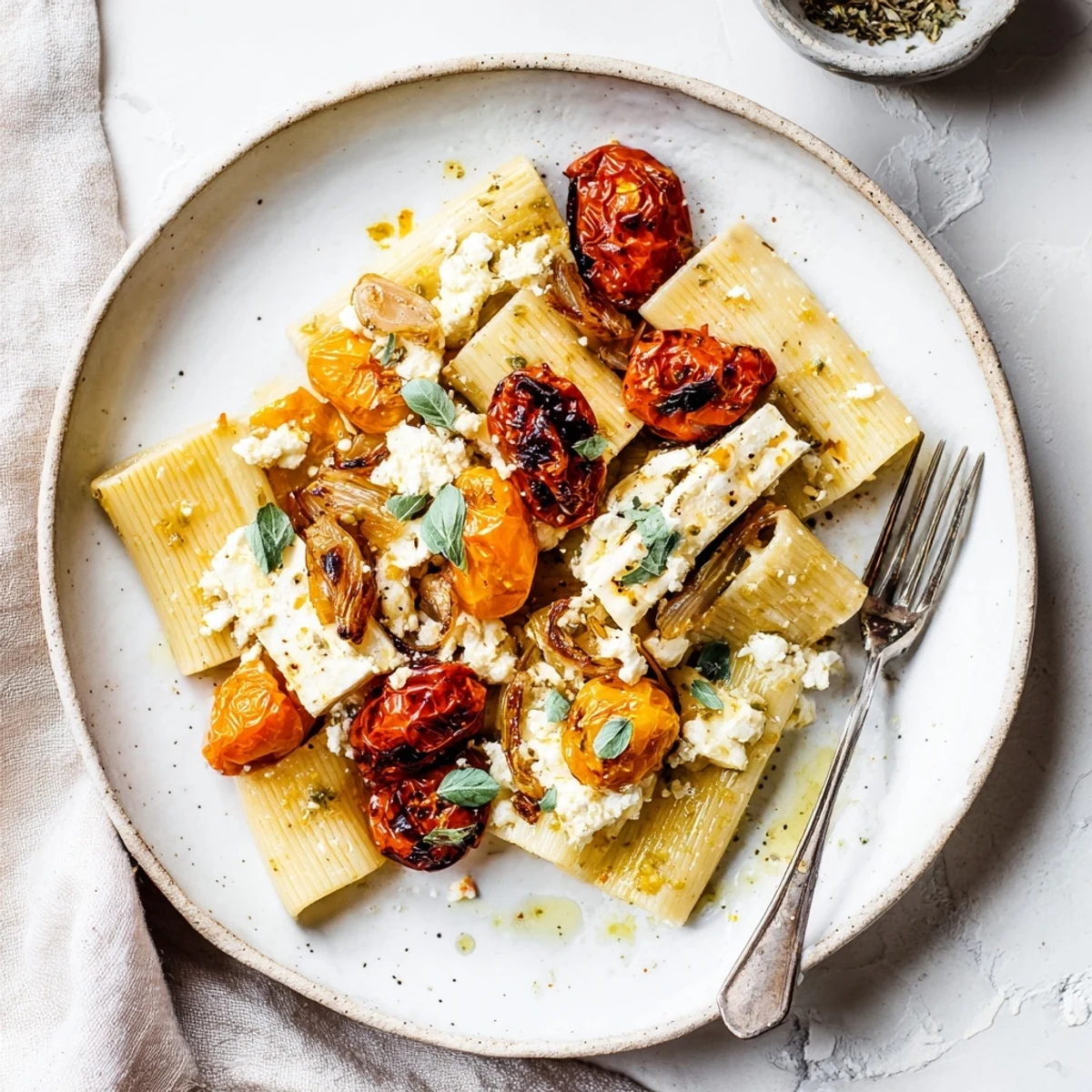 A delicious Baked Feta Pasta dish, featuring golden feta and savory sun-dried tomatoes.  