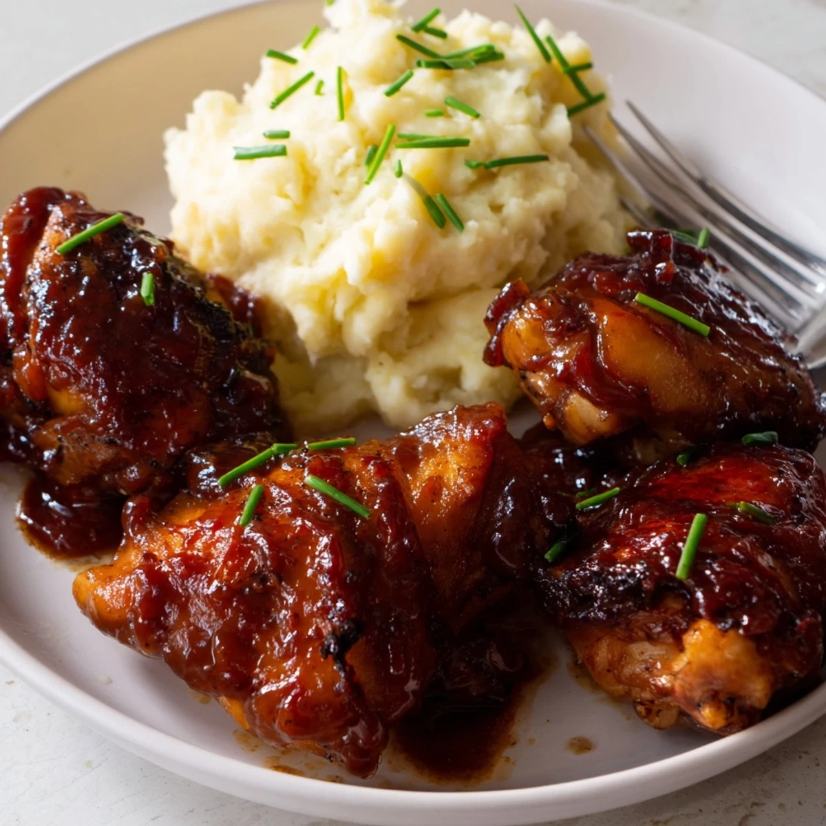 Succulent honey BBQ chicken thighs served with creamy garlic mashed potatoes on a plate.