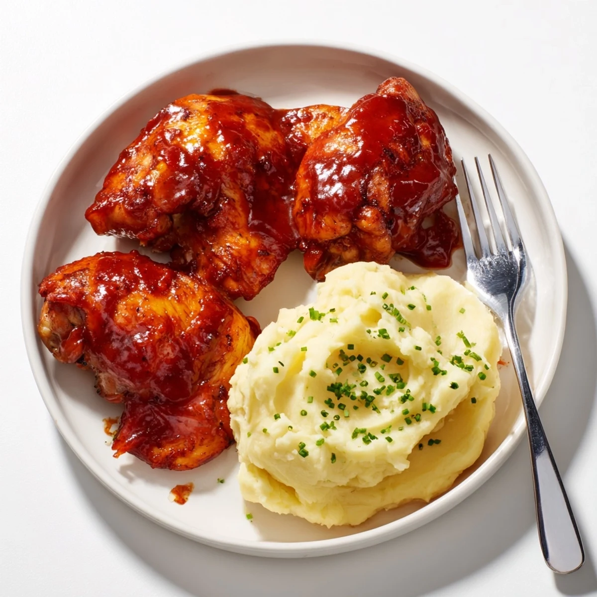 Glazed honey BBQ chicken thighs paired with fluffy garlic mashed potatoes and fresh chives.