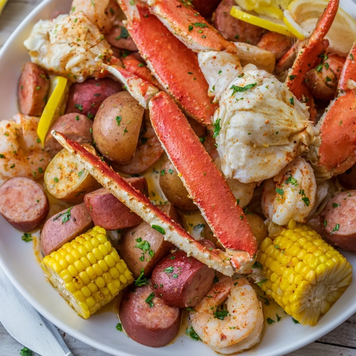 Juicy crab legs and shrimp piled high in a flavorful seafood boil.  
