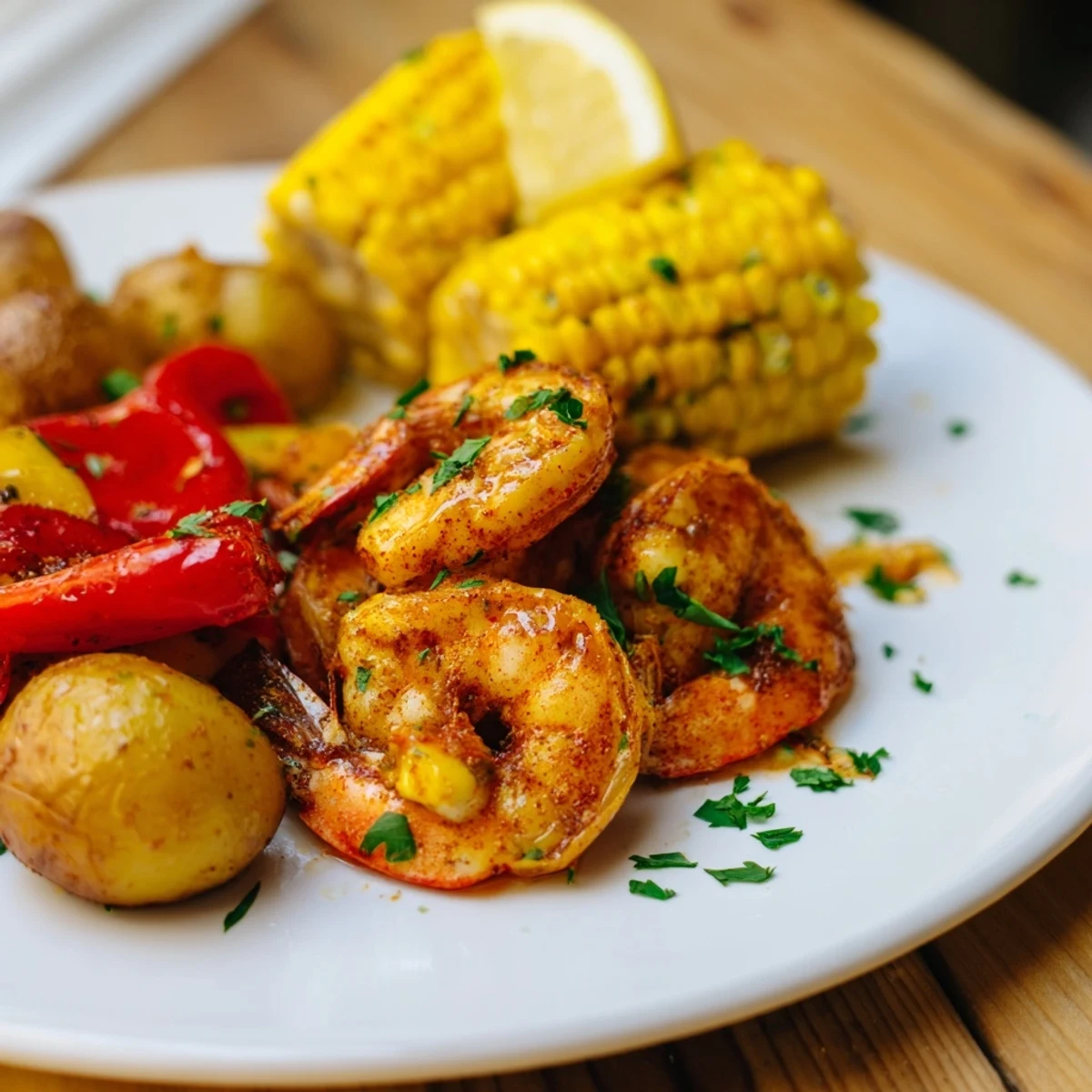 Delicious Cajun shrimp and sweet corn platter served with roasted potatoes for summer feasts.  