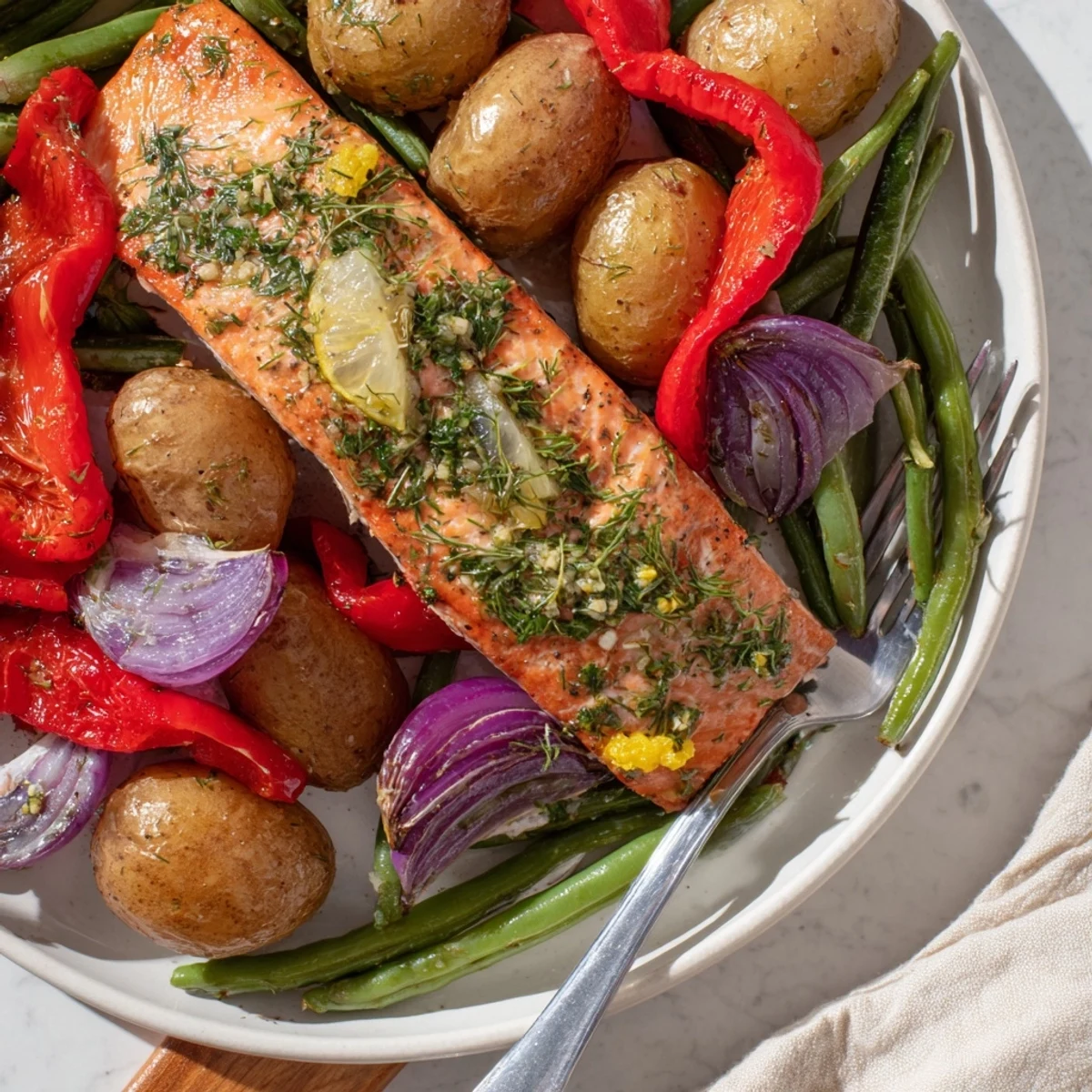 Succulent Lemon Herb Salmon & Potato Sheet Pan meal with vibrant roasted veggies.  