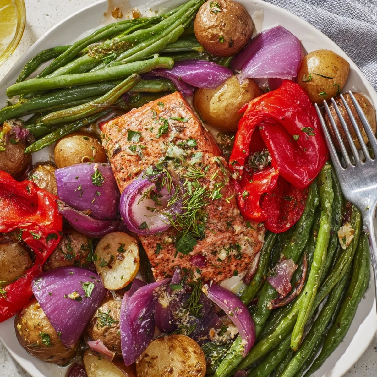 Golden baby potatoes and fresh greens perfectly complement zesty Lemon Herb Salmon recipe.  