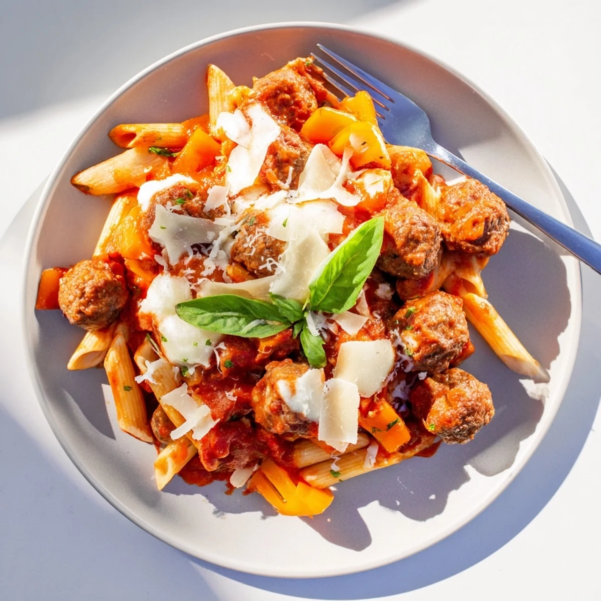 Comforting Italian Meatball Pasta Skillet with golden cheese, colorful veggies, and flavorful meatballs.