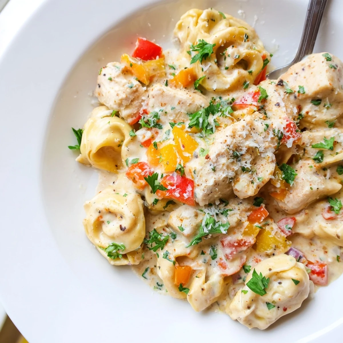 Delicious zesty Cajun garlic Parmesan chicken tortellini for a quick weeknight meal.