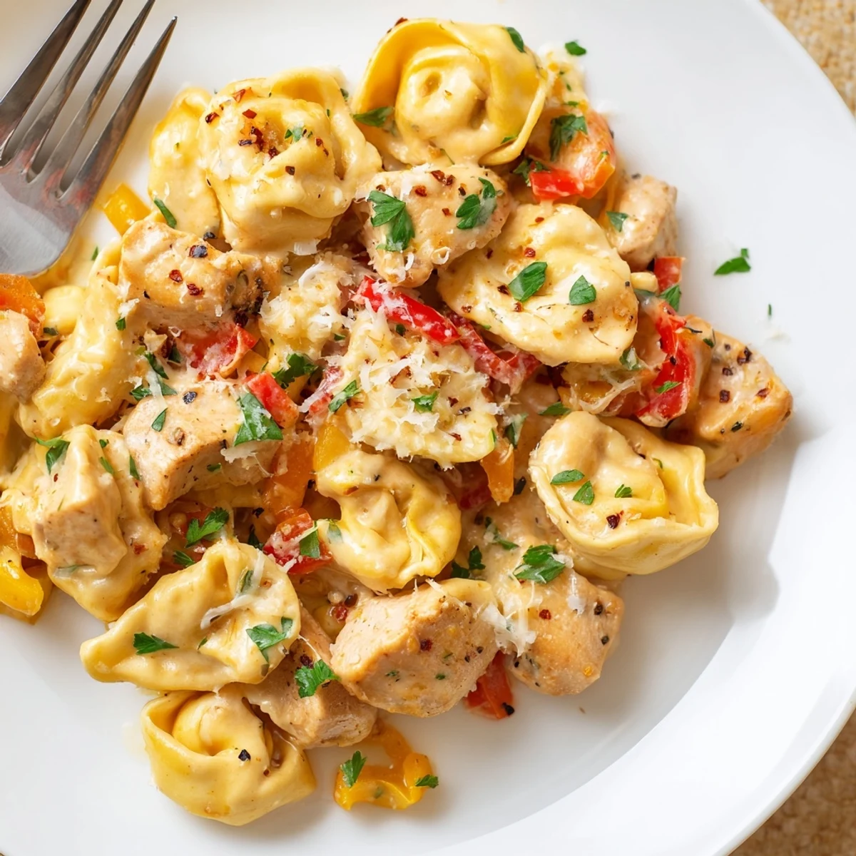 Creamy Cajun garlic Parmesan chicken tortellini topped with fresh parsley and cheese.  