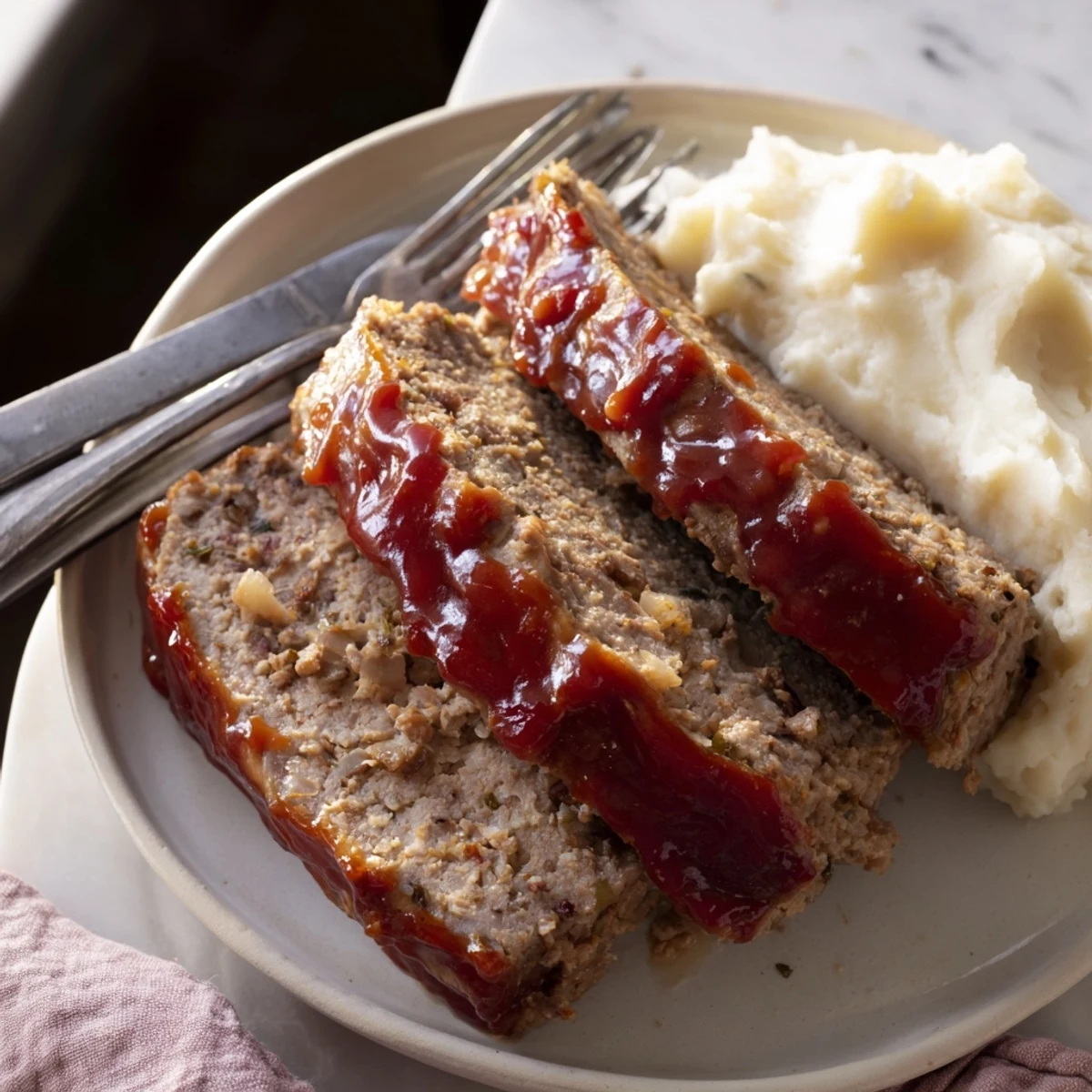 Juicy classic meatloaf surrounded by creamy mashed potatoes, perfect for family dinners.  