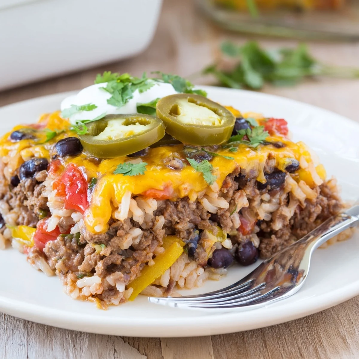 Hearty Tex-Mex Beef & Rice Casserole topped with melted cheese and fresh cilantro.  