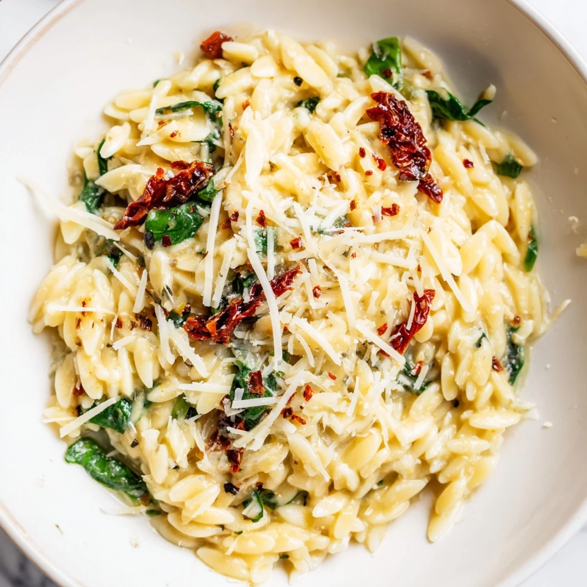 Creamy Tuscan Orzo Bowl served with wilted spinach and savory sun-dried tomatoes.