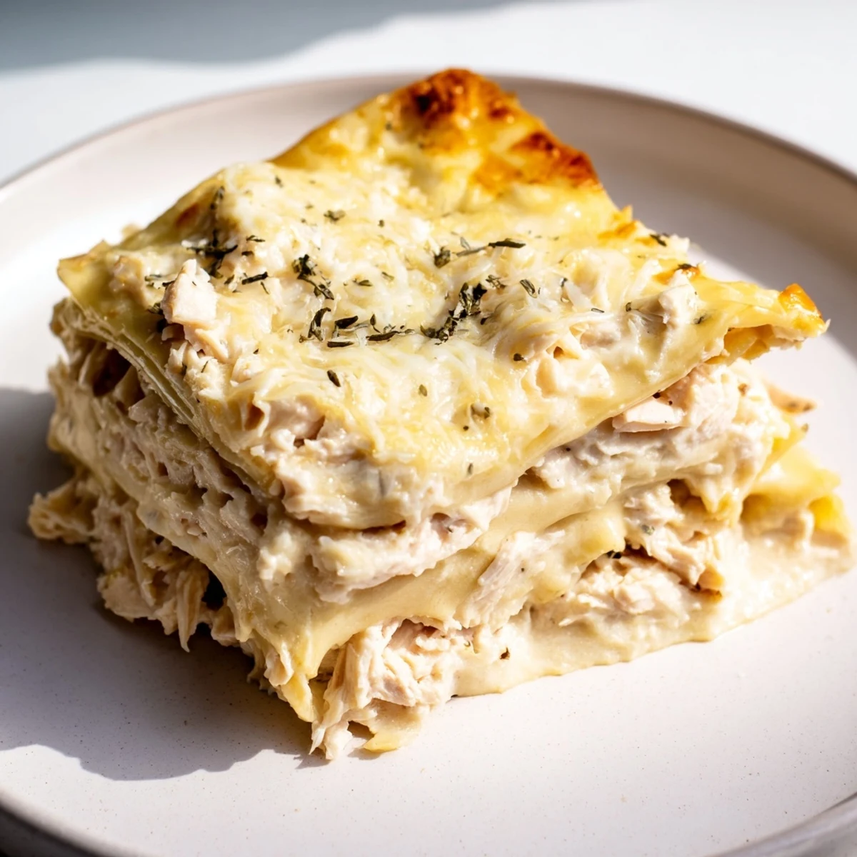 A comforting slice of rosemary chicken lasagna, packed with layers of cheesy goodness and savory flavors.
