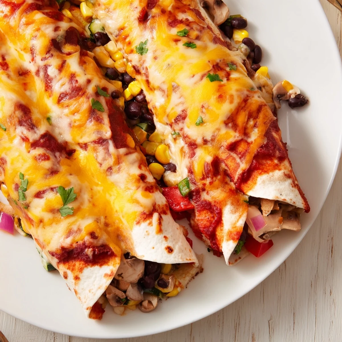 Bright photo of Farmers Market Vegetarian Enchiladas, glistening with enchilada sauce and topped with fresh cilantro.