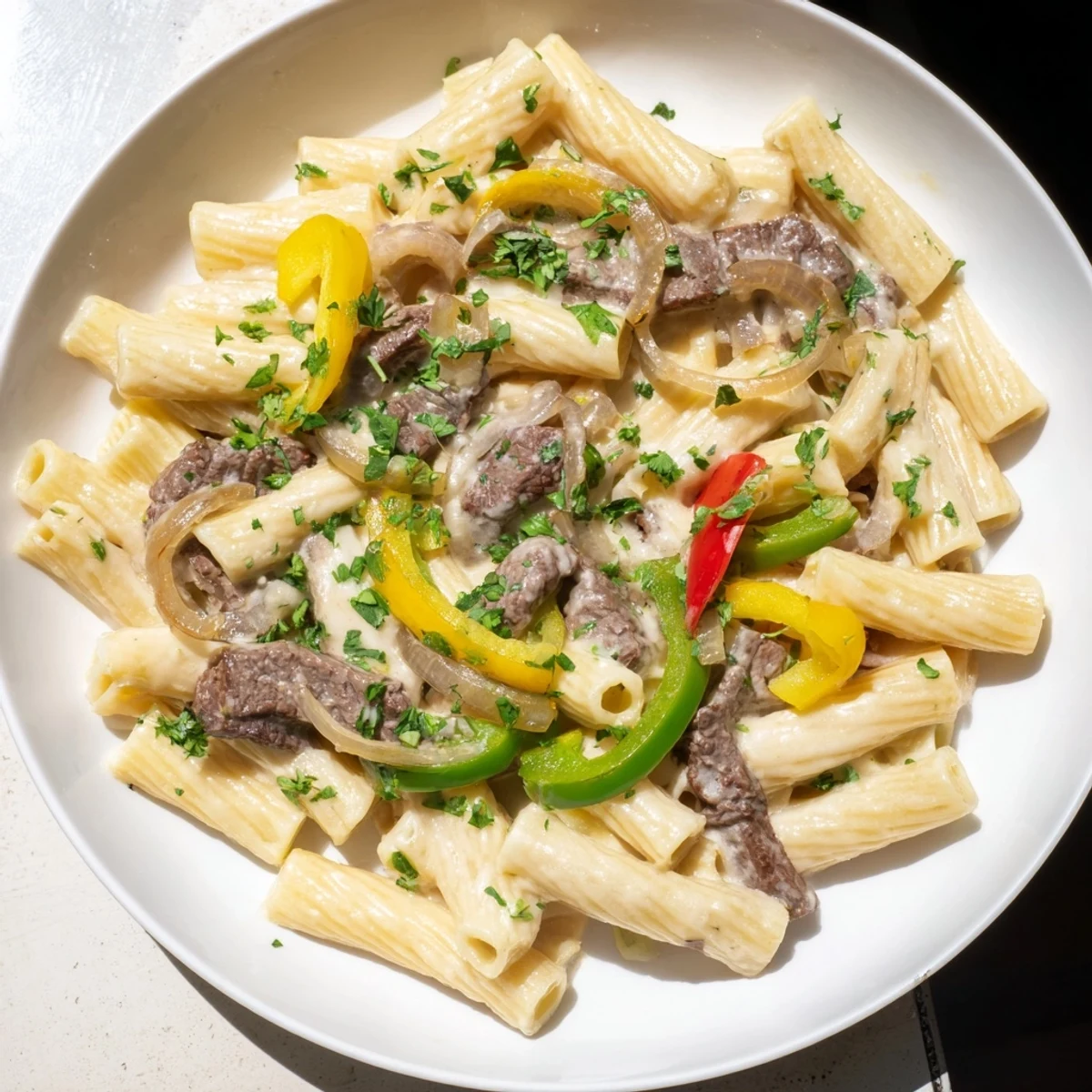 Image of steamy Philly Cheese Steak Pasta, loaded with beef, peppers, and onions, ready to eat.