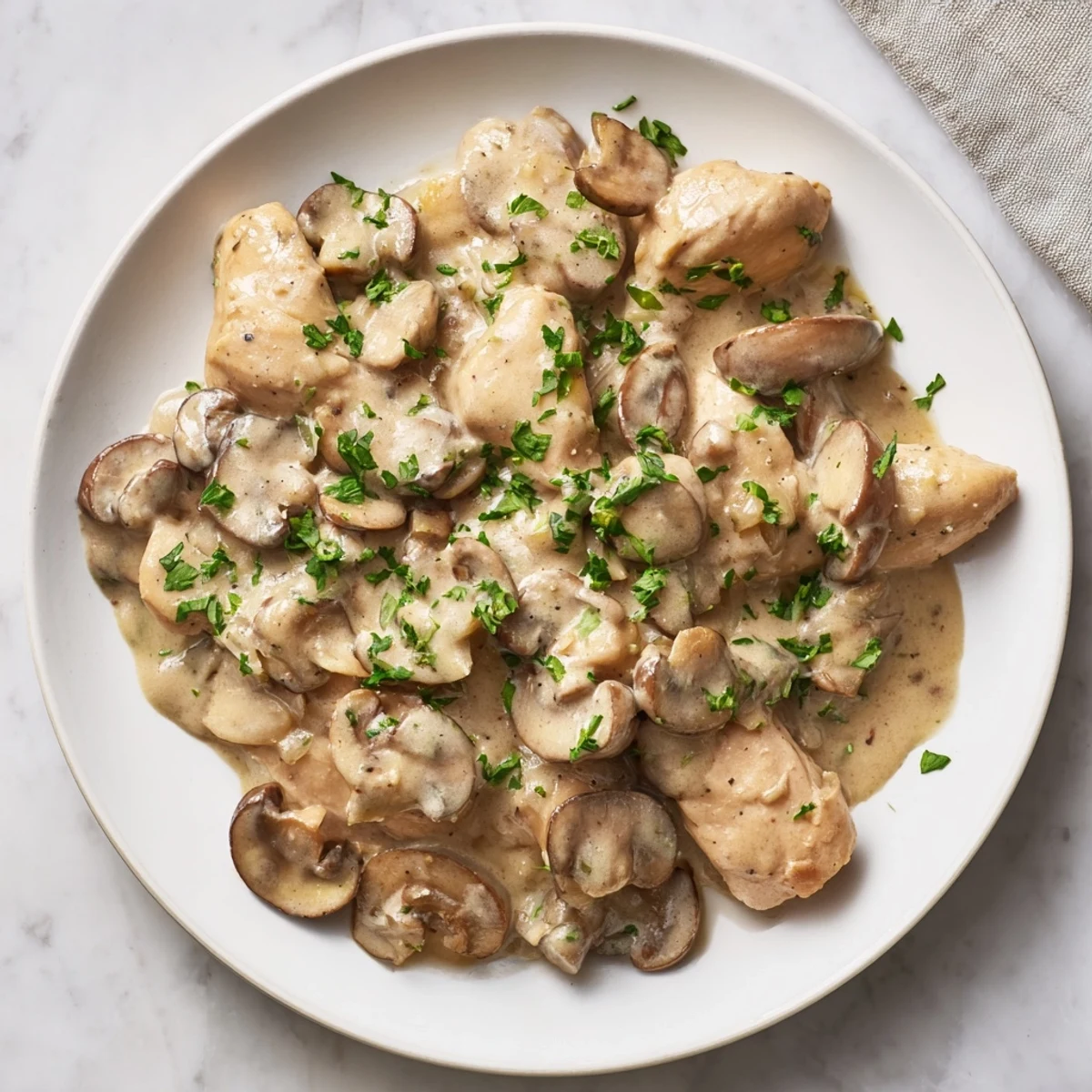 Golden, bite-sized chicken pieces in a luscious Creamy Chicken Stroganoff sauce, ready to be enjoyed.