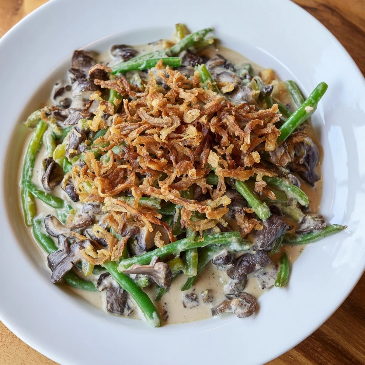 A creamy, savory bowl of homemade Old-School Green Bean Casserole with tender green beans and mushrooms.
