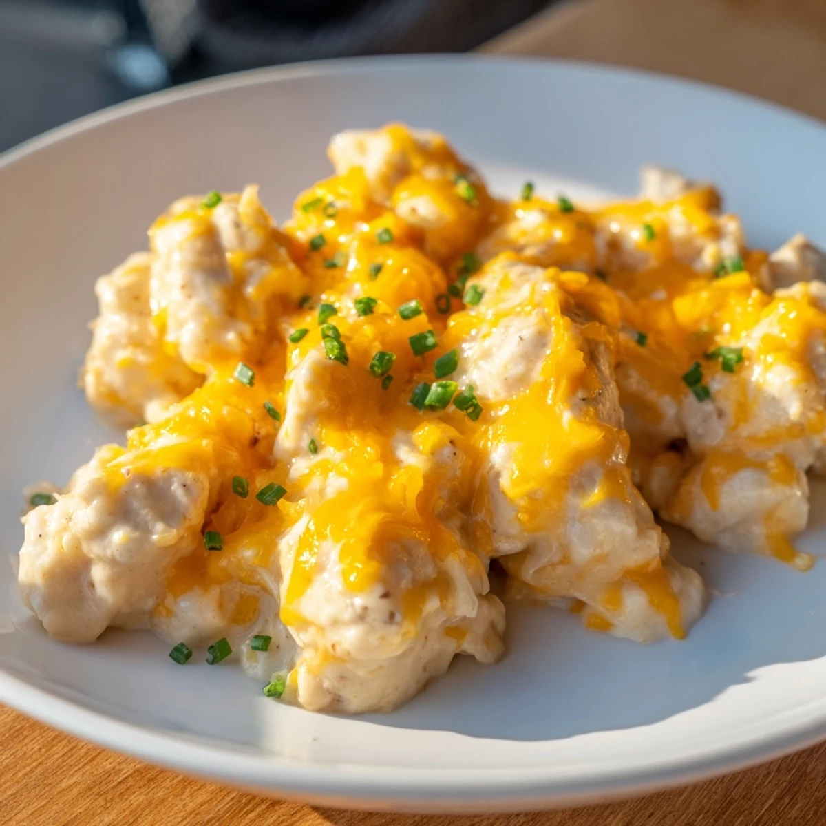 Golden, bubbly Cheddar Ranch Chicken Bake topped with melted cheese, ready for serving hot.