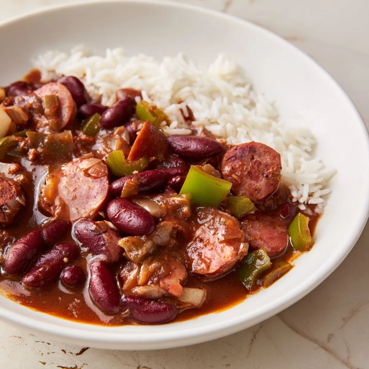 Steaming bowl of Red Beans & Rice, loaded with sausage, served with fluffy white rice.
