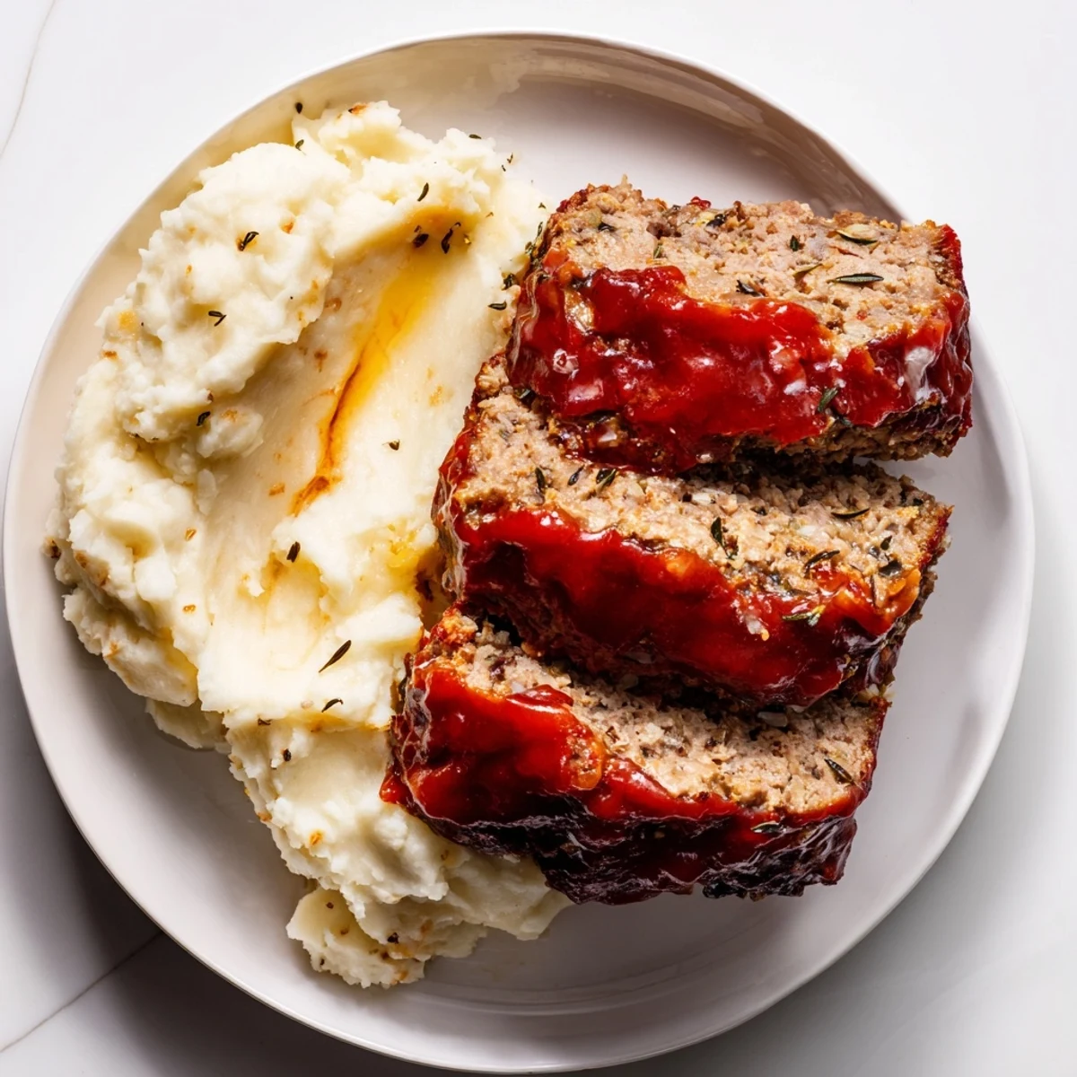 A close-up of a delicious Classic Meatloaf & Mashed Potatoes dinner, garnished and ready to serve.