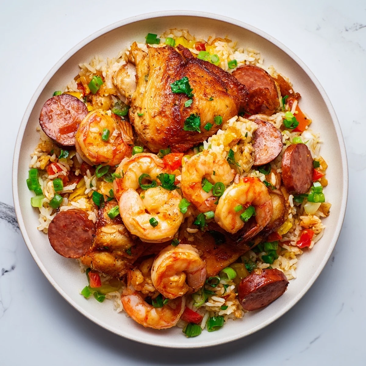 A steaming Cajun Jambalaya Rice Bowl with shrimp, chicken, and sausage, a Southern classic.