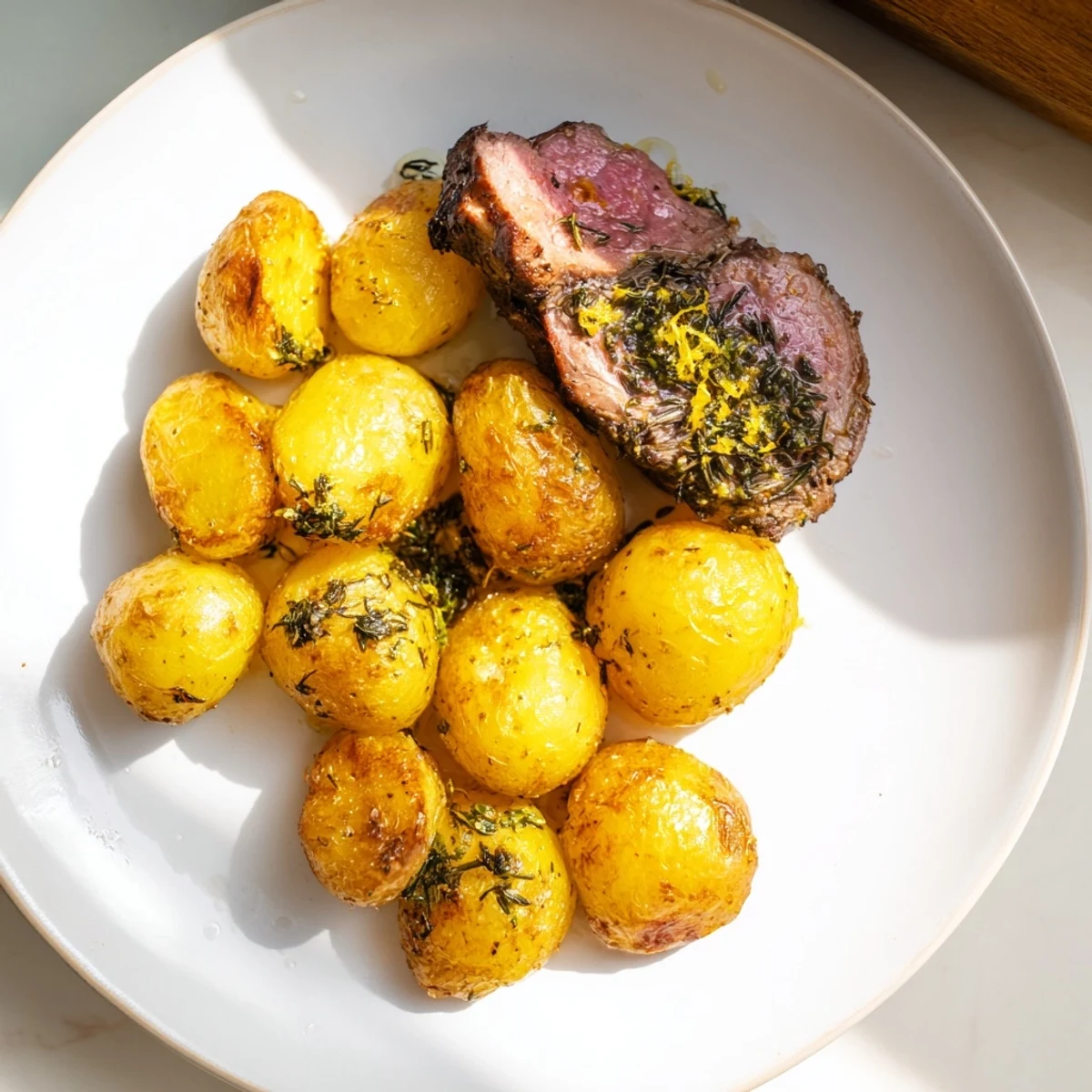 Golden-brown herbed lamb chops with crispy potatoes, a delicious and flavorful dinner ready to eat.