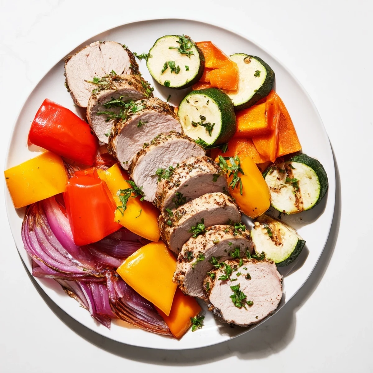 Tender roasted garlic pork tenderloin surrounded by colorful, caramelized vegetables, ready to serve.