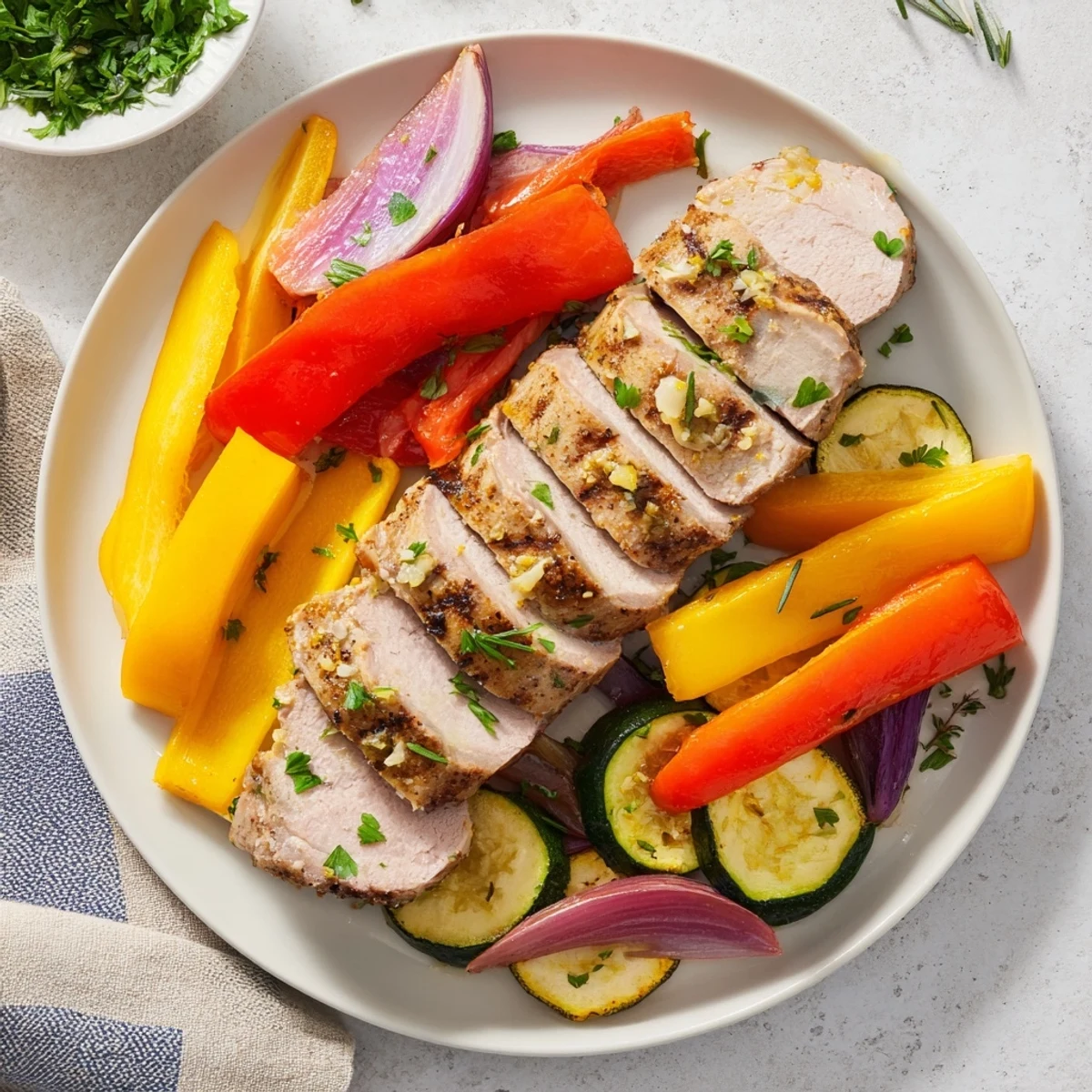 Juicy Roasted Garlic Pork Tenderloin featuring vibrant carrots, peppers, and onions, perfect for dinner.
