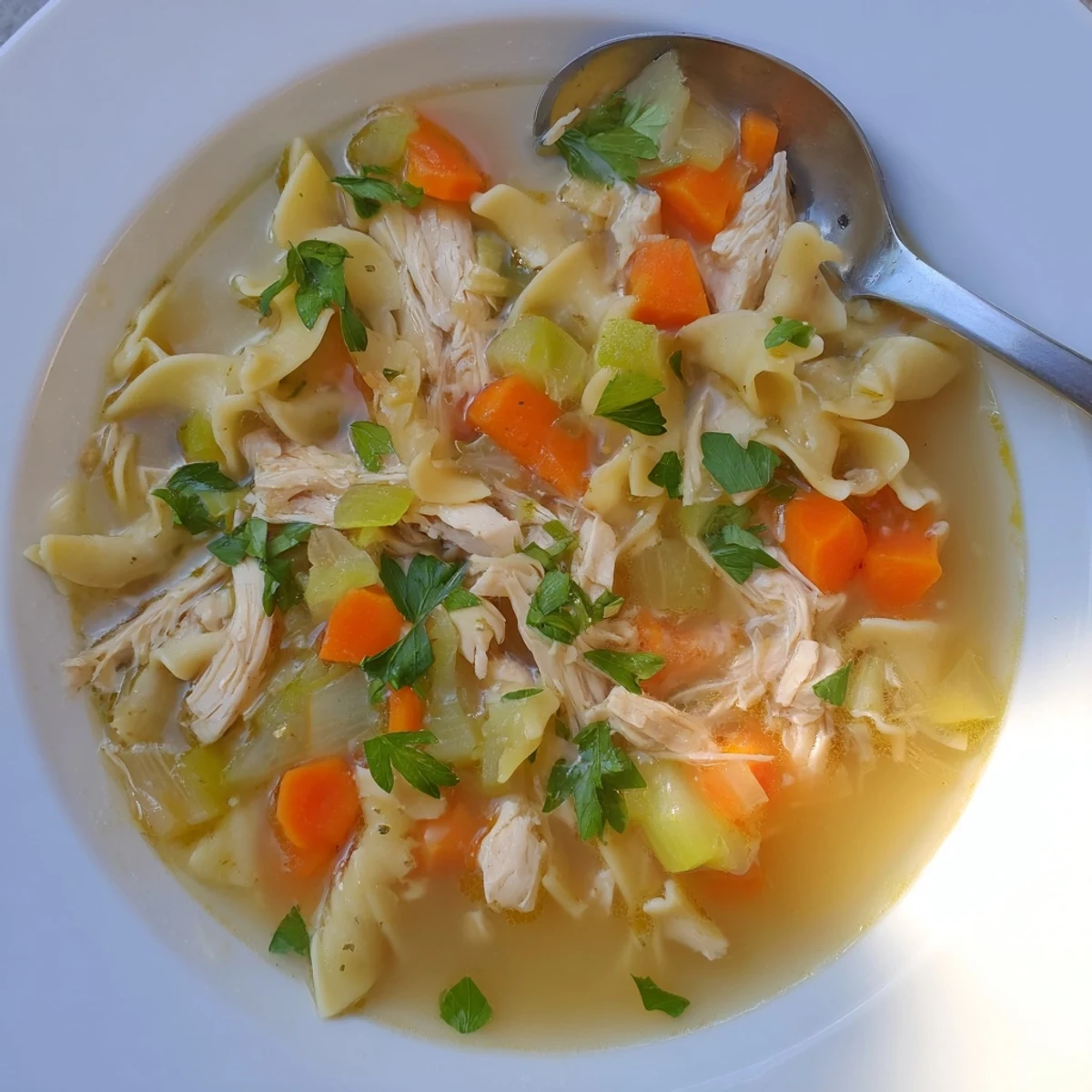 Steaming bowl of homemade chicken noodle soup, brimming with tender chicken and veggies.