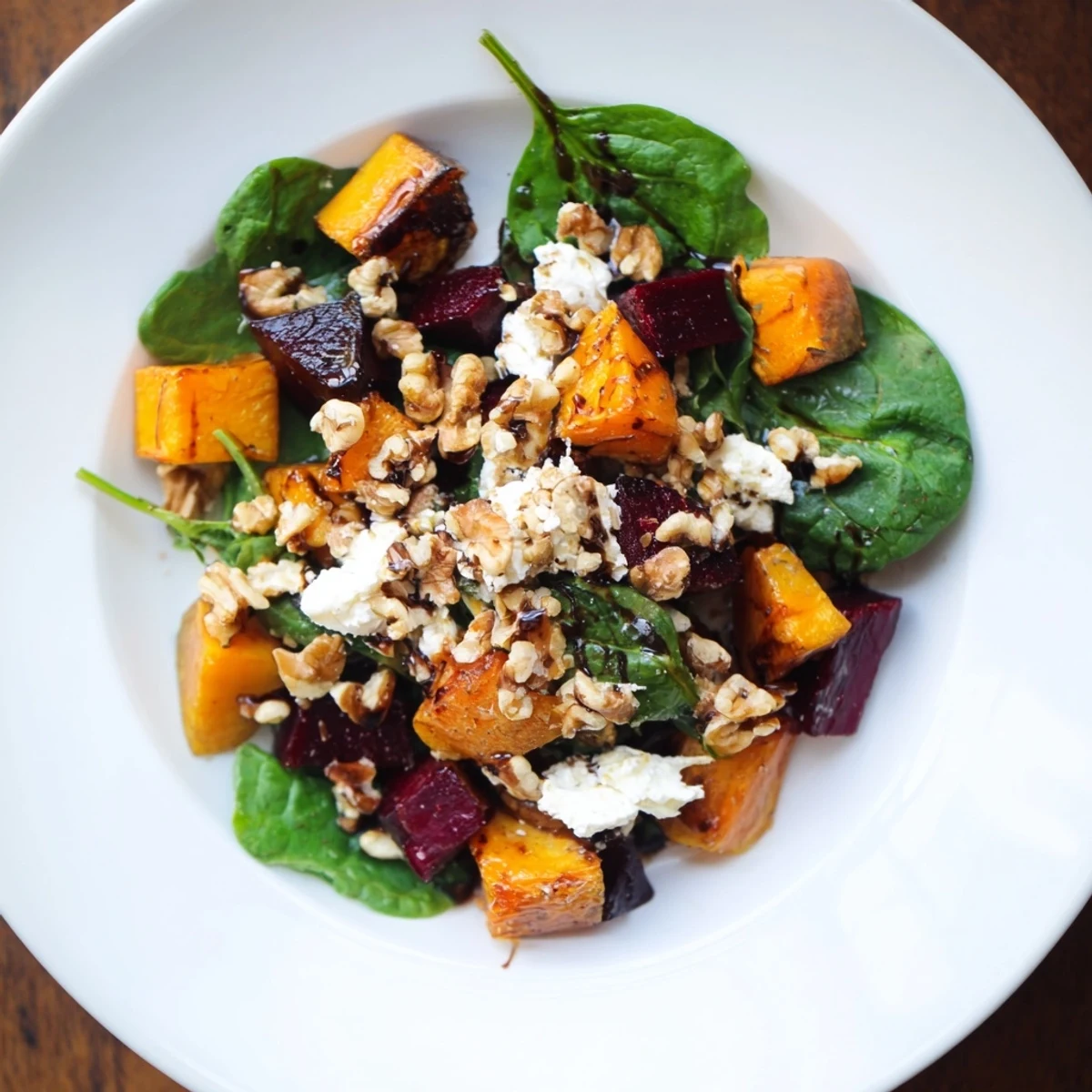 Vibrant Roasted Beet, Butternut & Spinach Salad, featuring creamy goat cheese and crunchy walnuts.