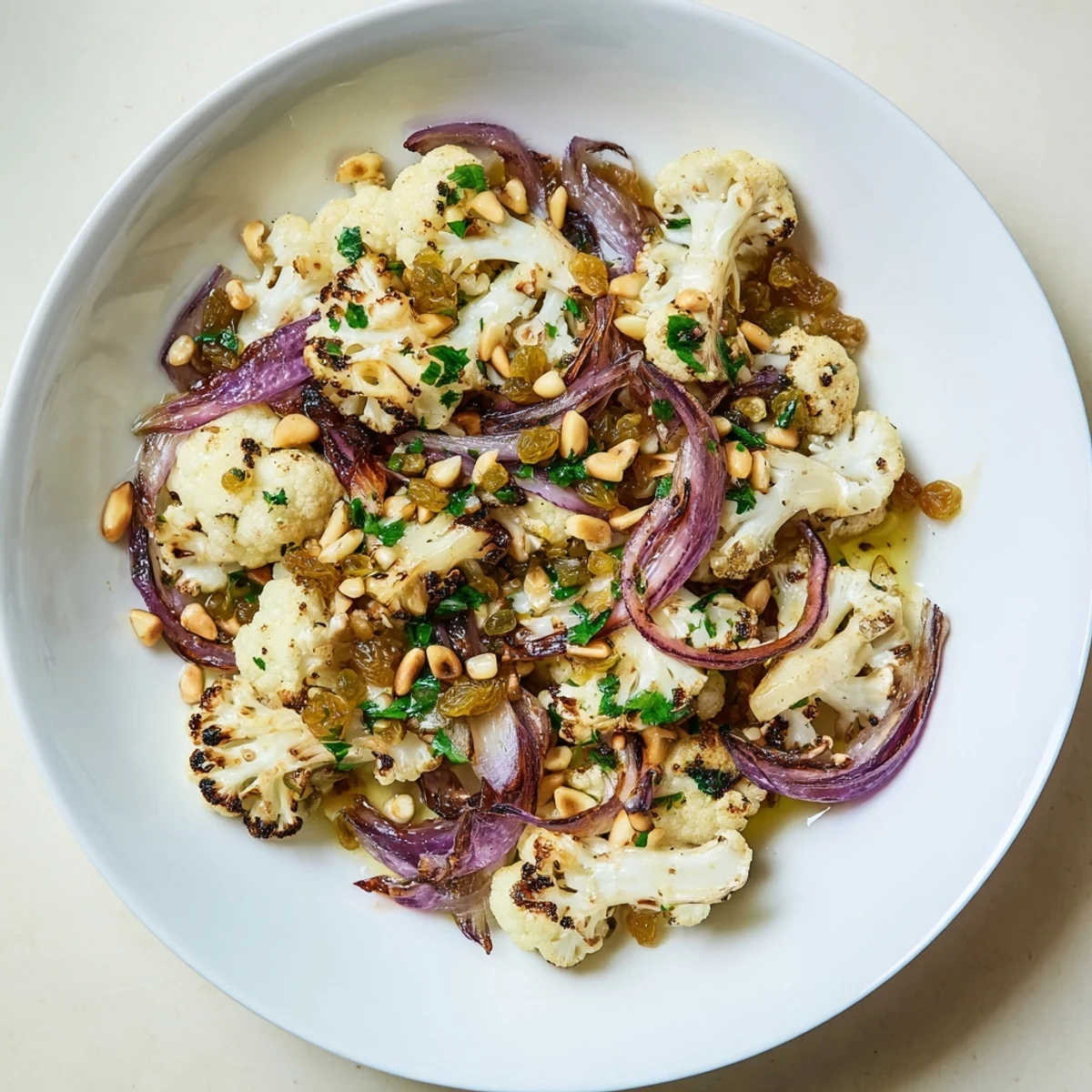 Golden-roasted cauliflower salad with lemon pine-nut dressing; a Mediterranean delight, perfect as a side dish.