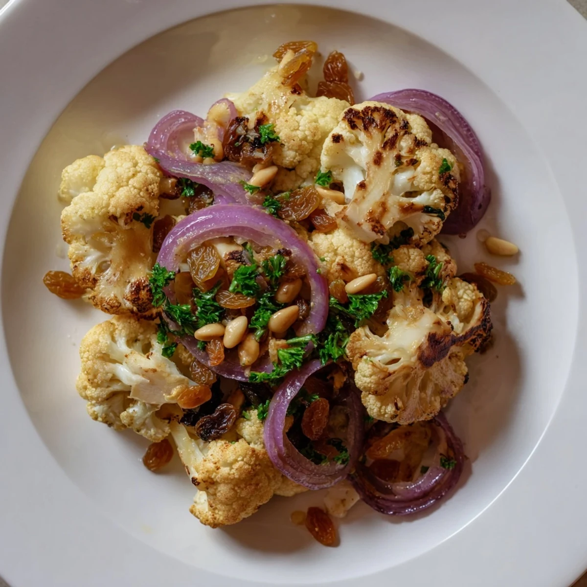 Fresh parsley and toasted pine nuts top this vibrant Warm Roasted Cauliflower Salad, served warm.