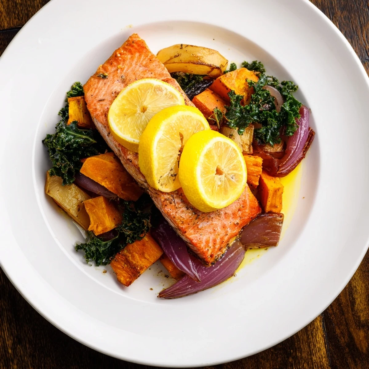 Flaky Sheet-Pan Salmon with root vegetables is plated with vibrant greens, ready to enjoy.