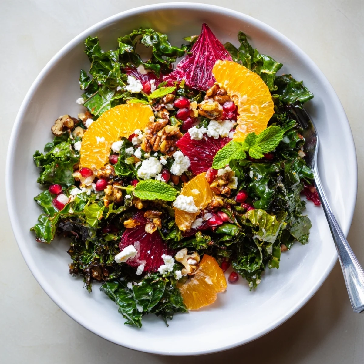 Winter Greens Salad with Citrus, boasting bright citrus segments and ruby pomegranate seeds.