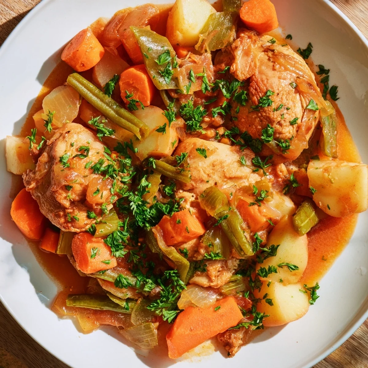 A steaming bowl of slow-cooker chicken & vegetable stew, brimming with tender chicken and herbs.
