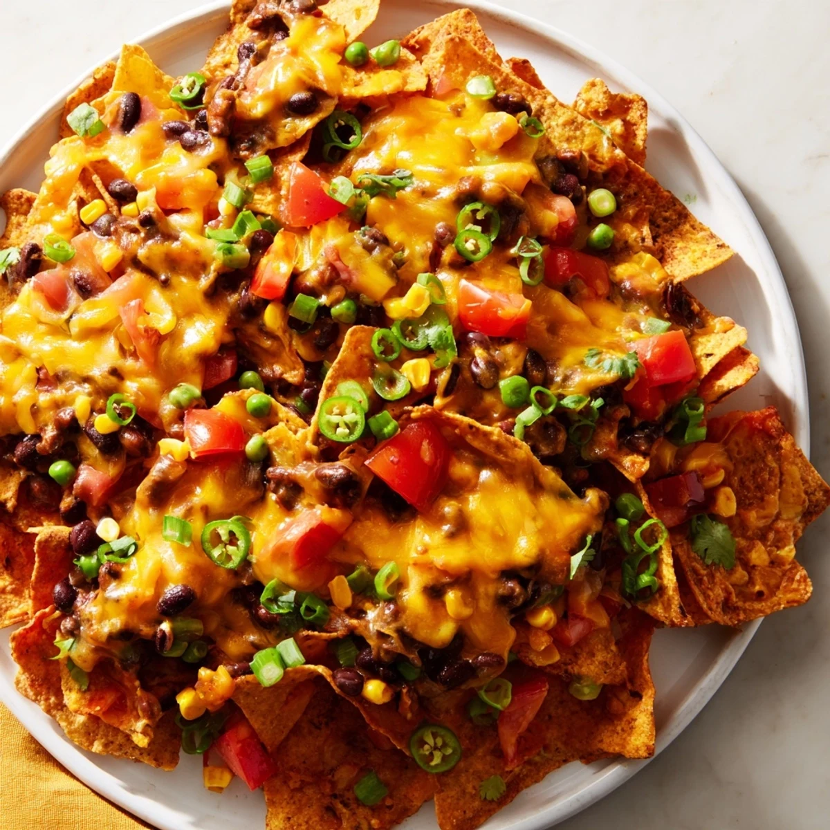Delicious, bubbly Sheet-Pan Nachos featuring spiced beans, colorful frozen veggies, and melted cheese, perfect for sharing.