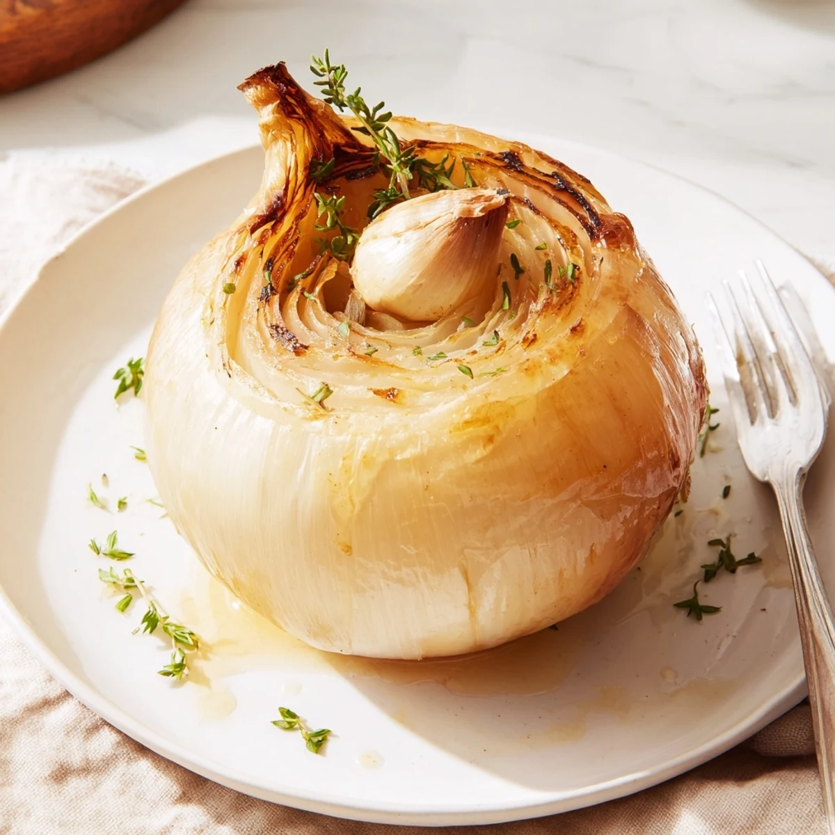 Close-up of a flavorful Onion Boil, with a fork gently piercing the soft, caramelized onion layers.