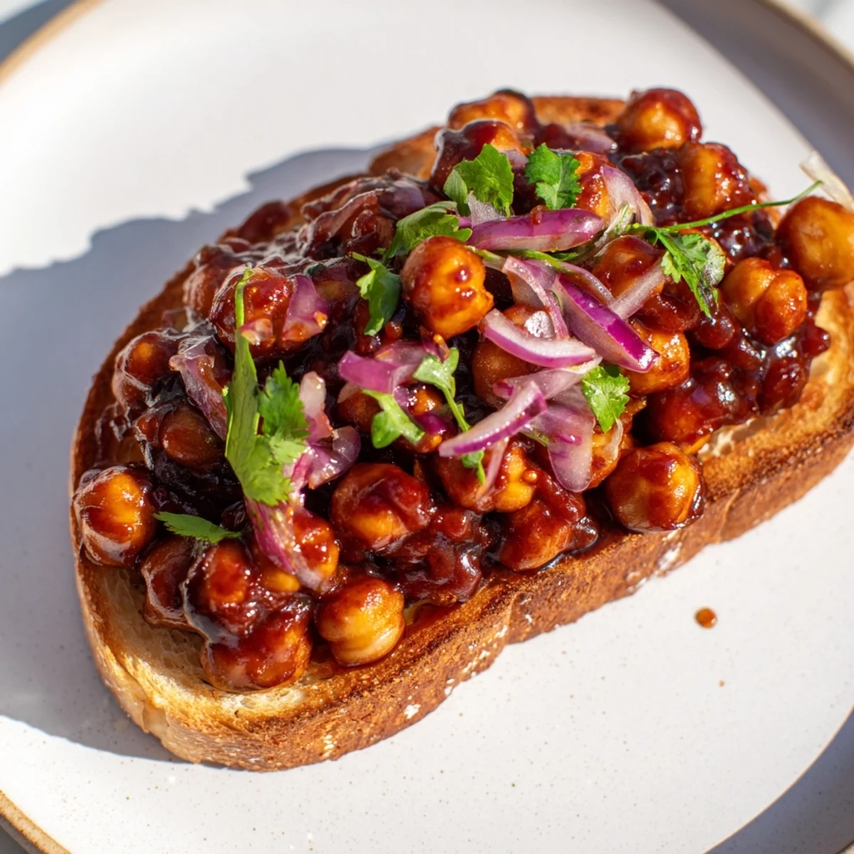 Close-up of hearty BBQ chickpeas on toast, garnished with fresh cilantro and red onion.