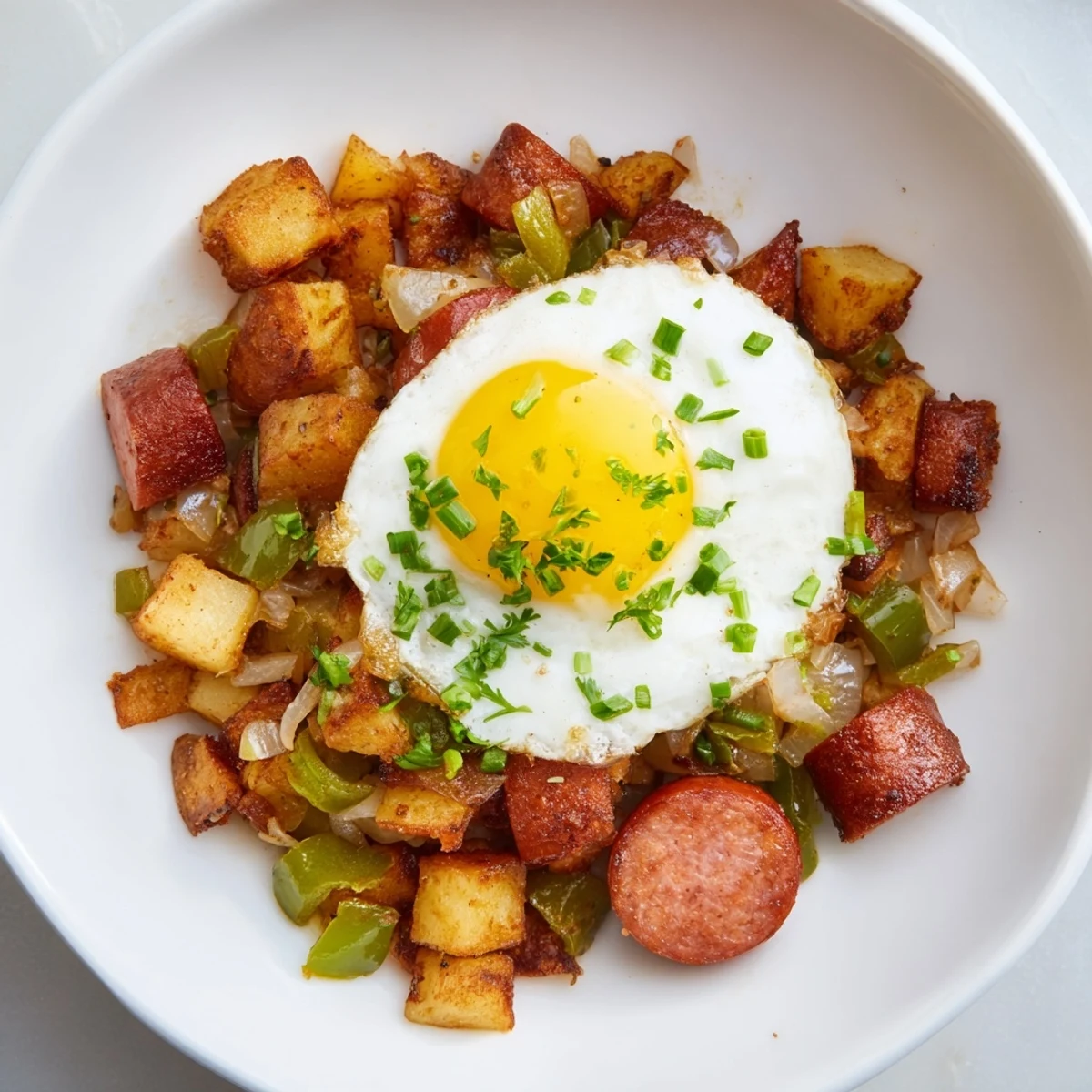 A cast iron skillet of sizzling Egg & Potato Hash with perfectly cooked eggs and hot dogs.