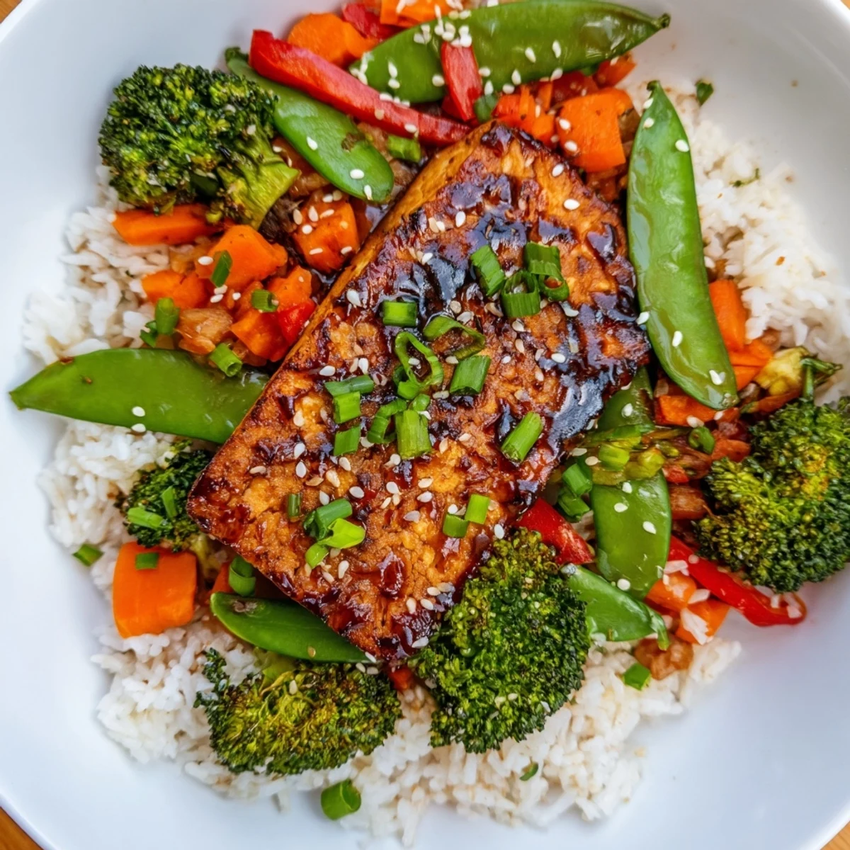 Savory and crispy Pressed Tofu Steaks provide a satisfying vegan meal, plated with colorful vegetables.