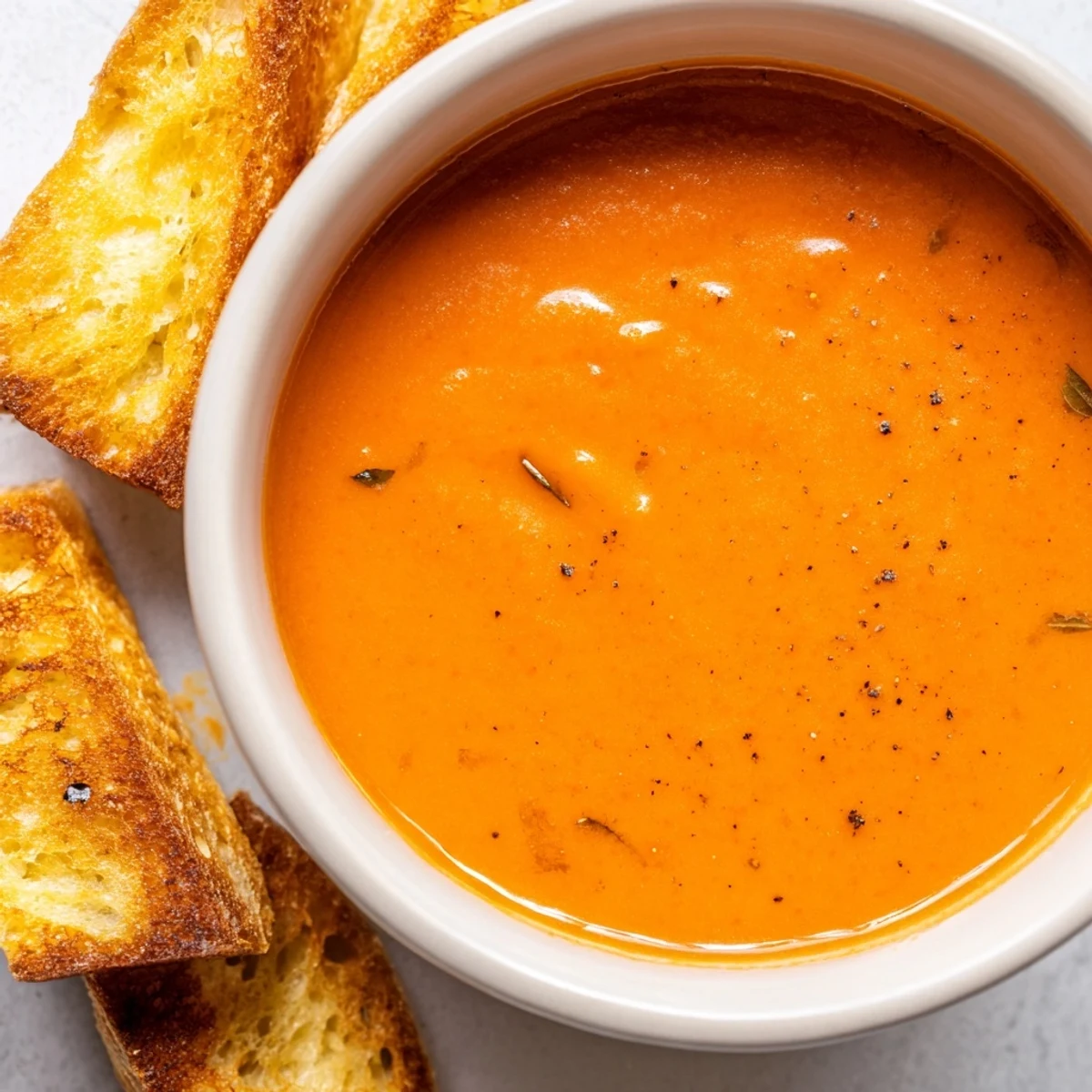 Steaming bowl of 5-Ingredient Tomato Soup beside grilled cheese, perfect for dunking and devouring.