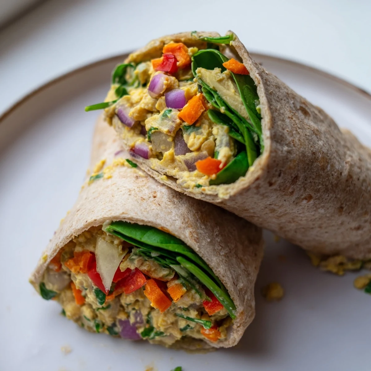 Close-up of a delicious chickpea salad wrap, showcasing the healthy ingredients and textures.
