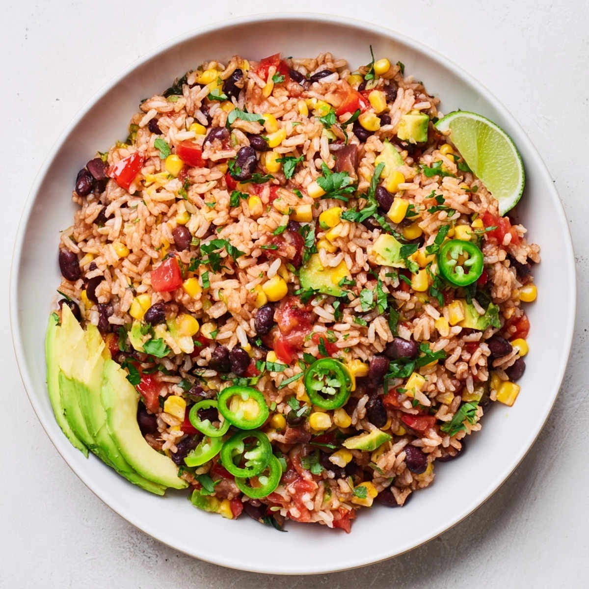 Fluffy One-Pot Mexican Rice & Beans, seasoned with cumin and paprika, ready to serve with toppings.