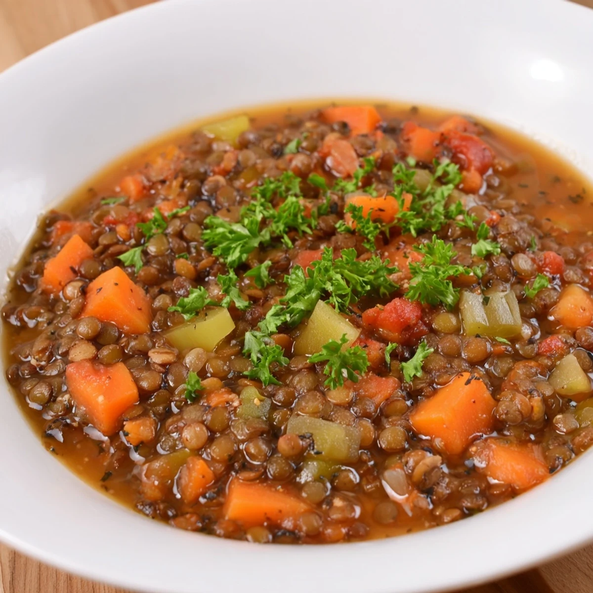 Enjoy a warm and comforting bowl of homemade Lentil Soup, perfect for a cold evening.