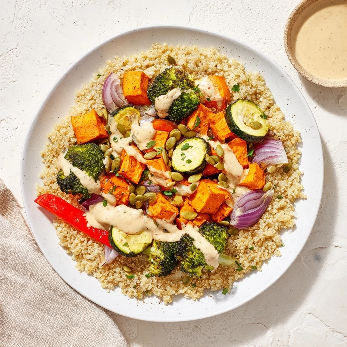 Steaming bowl of quinoa with roasted seasonal veggies and vibrant lemon-tahini dressing.